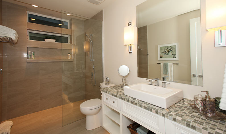 bathroom with mix of different tiles